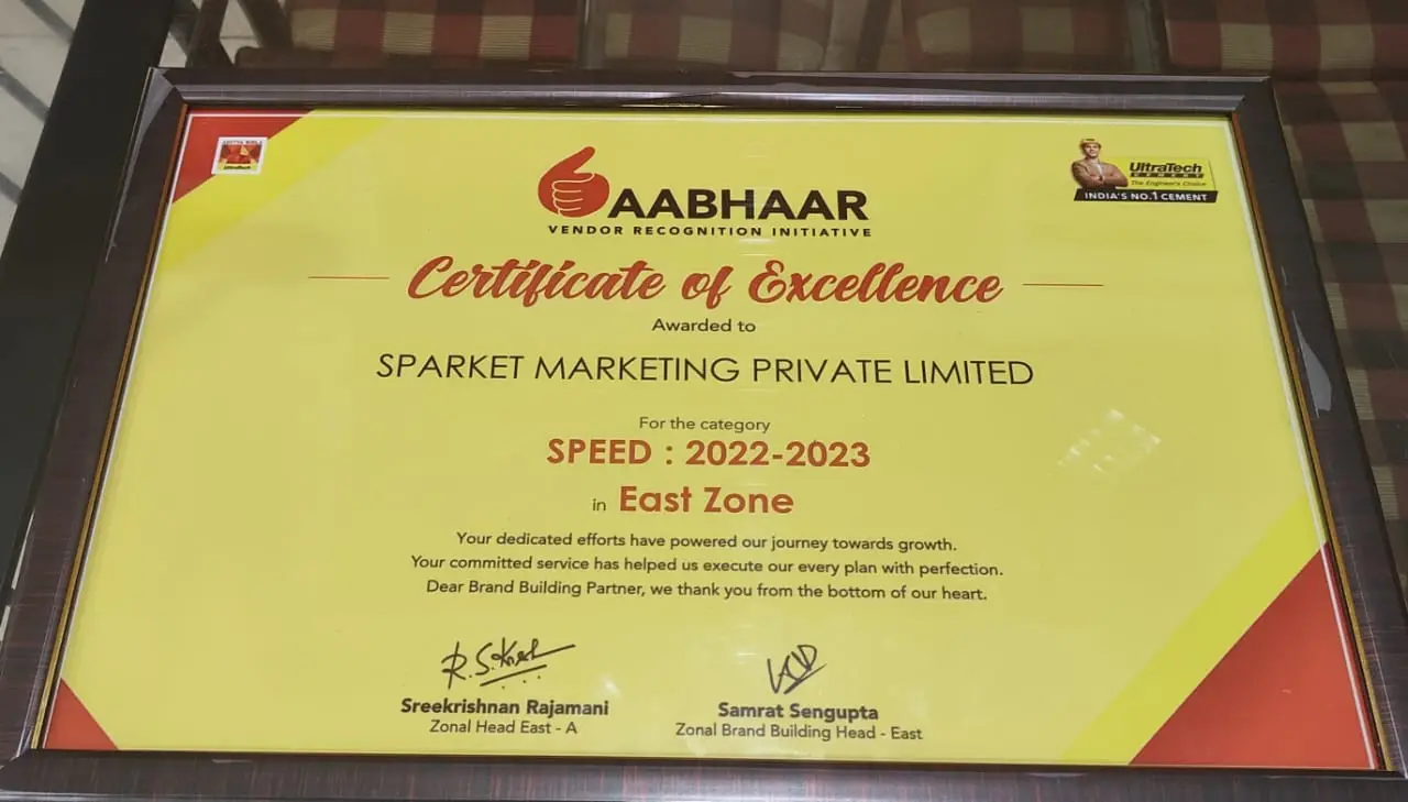 Framed UltraTech Aabhaar Certificate of Excellence awarded to Sparket Marketing Private Limited